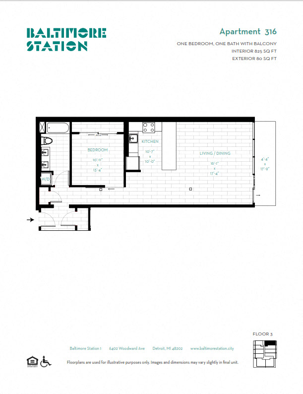 Floor plan for 1 bed, 1 bath, 825 sqft